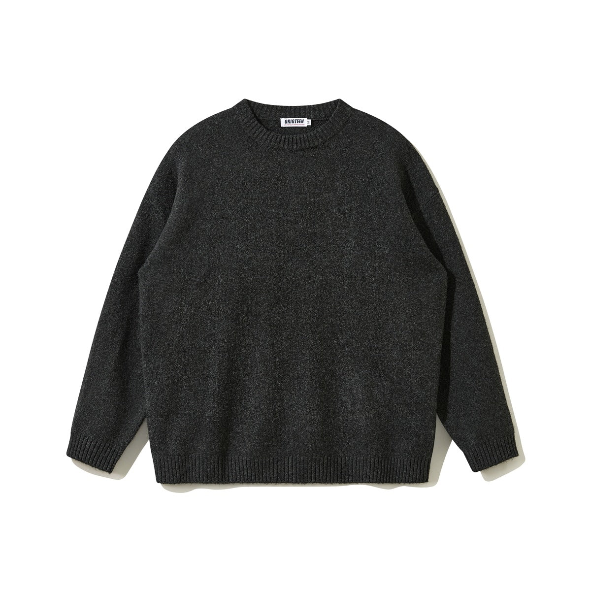 Dark gray crewneck knit sweater flat lay, front view, with ribbed collar and cuffs