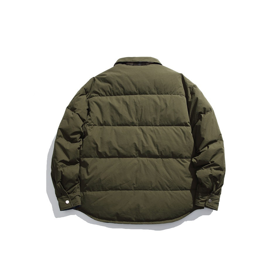 Back view of an olive quilted jacket with horizontal padded panels and snap cuffs.