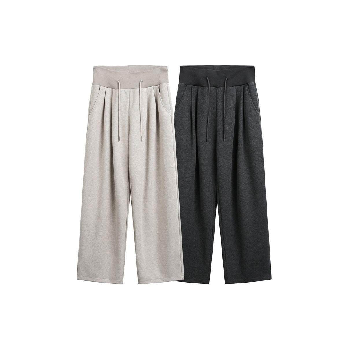Front view of wide-leg drawstring pants in light beige and charcoal gray, each with a high waistband and side pockets.