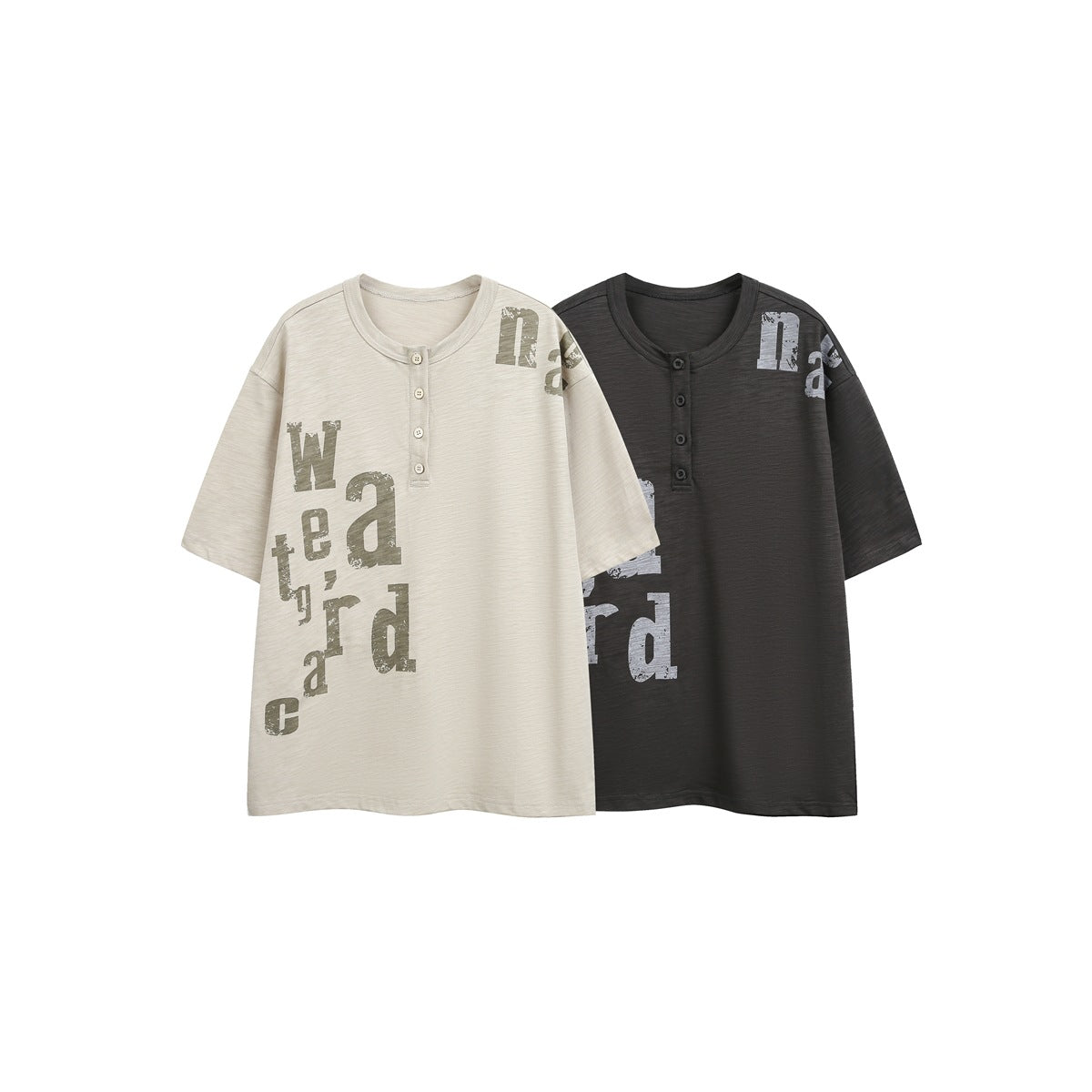 Beige and charcoal short-sleeve henley T-shirts with button plackets and distressed lettering, shown from the front.