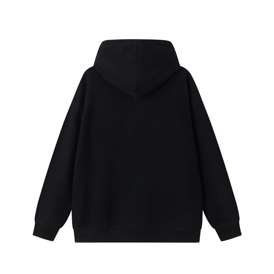 Back view of a plain black hoodie with hood, drop shoulders and ribbed cuffs and hem