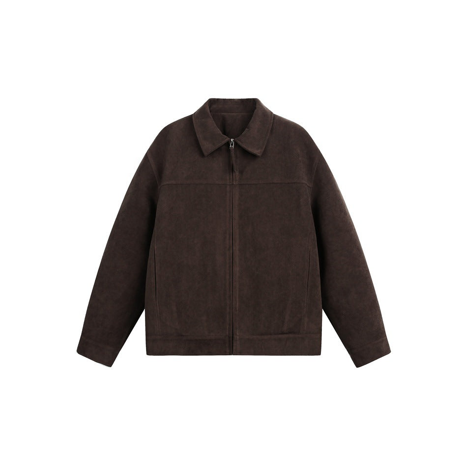 Brown zip-front collared jacket laid flat, front view, with yoke seam, side pockets and banded hem
