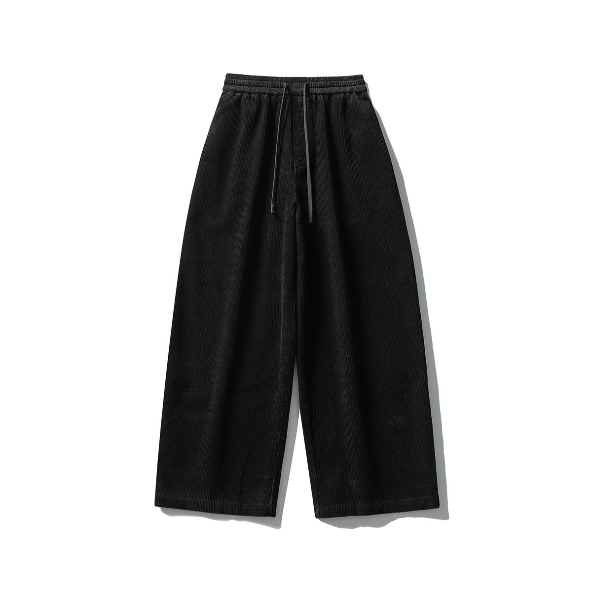 Black wide-leg corduroy pants with elastic waistband and drawstring, front flat view