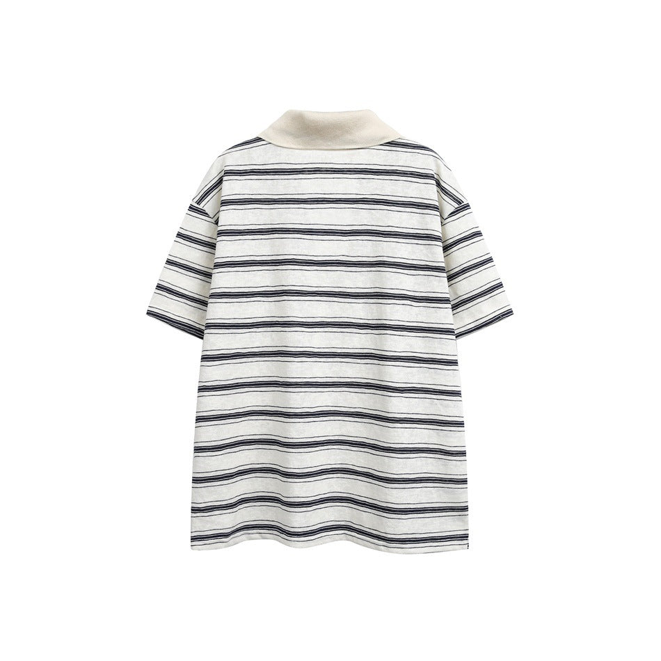 Back view of an ivory short-sleeve polo with navy horizontal stripes and a cream collar.
