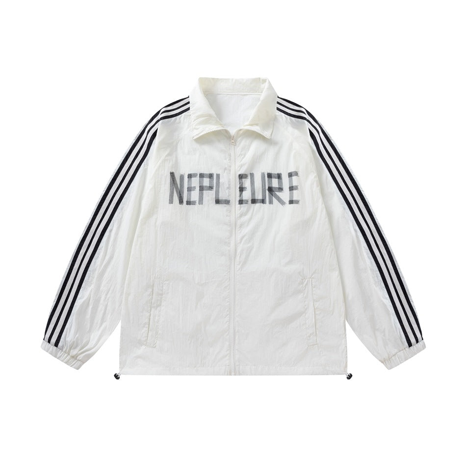 White zip-front jacket with black sleeve stripes and dark NEPL EURE graphic, flat lay front view