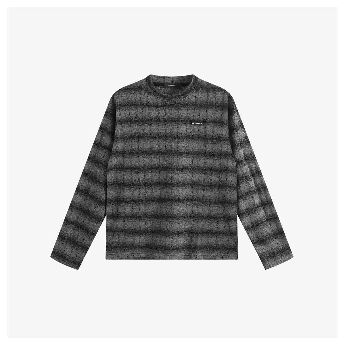 Gray shaded plaid-stripe long-sleeve crew-neck top, flat front view with small chest label