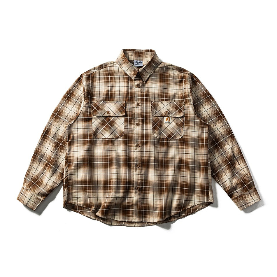 Brown and beige plaid long-sleeve button-up shirt with two flap chest pockets, laid flat, front view