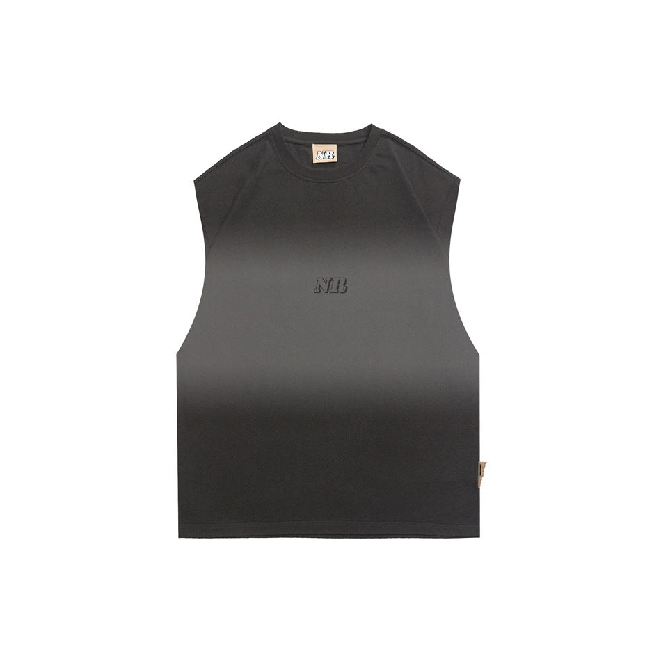 Black gradient-dyed sleeveless tank top, front view, with small tonal NR logo on chest