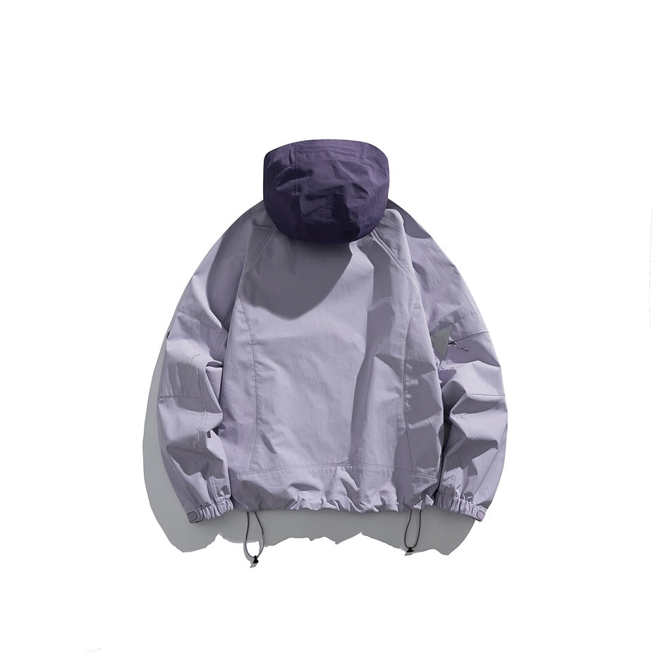 Back view of a pale lavender jacket with a dark purple hood, elastic cuffs and hem, and adjustable drawcords.
