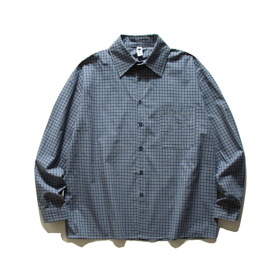 Navy blue small-check plaid long-sleeve button-up shirt with chest pocket, flat lay front view