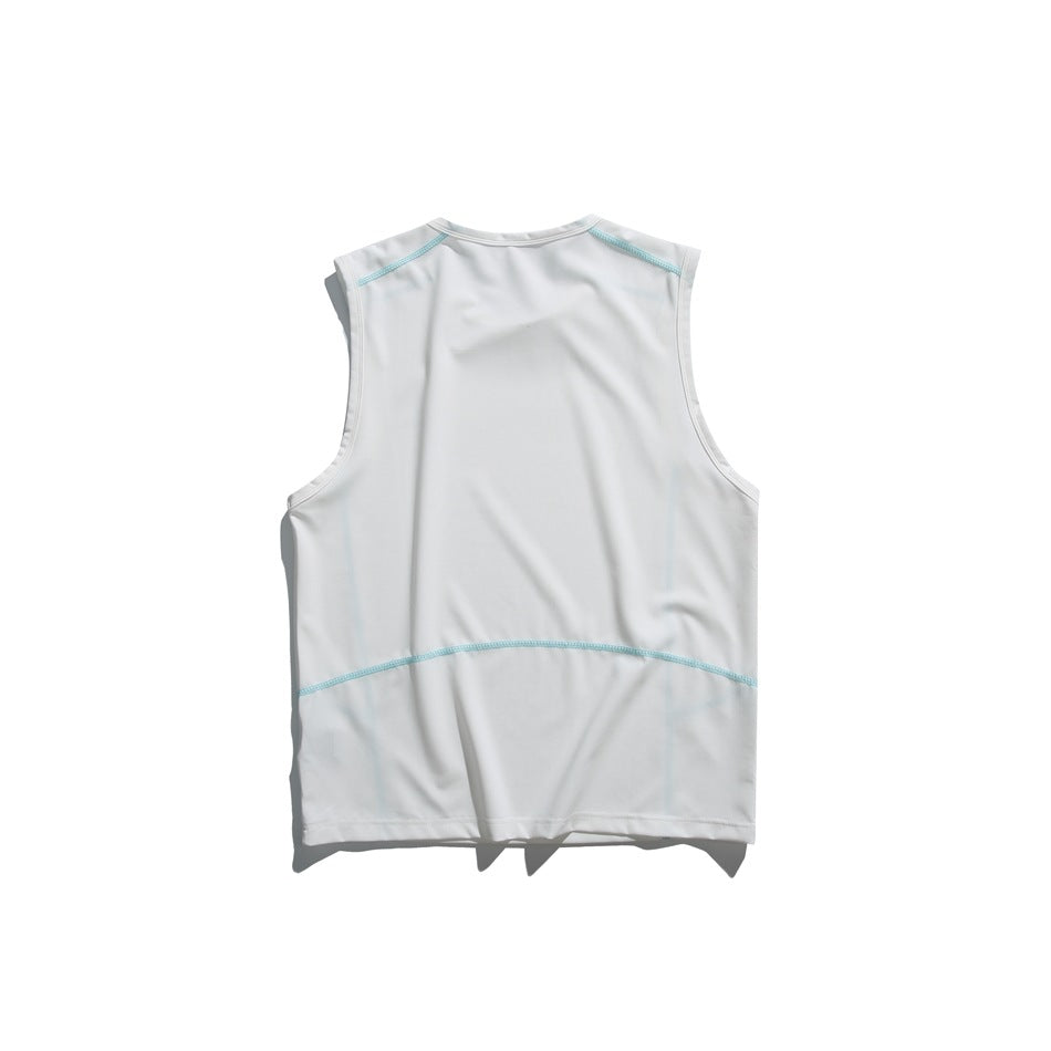 Back view of a white sleeveless top with turquoise seam accents across the shoulders and lower back.