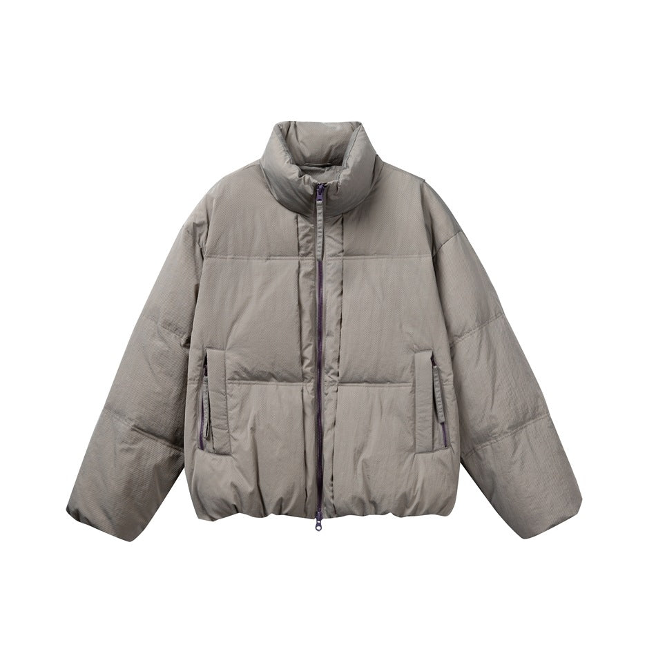 Gray puffer jacket with stand collar and purple front zipper, flat front view