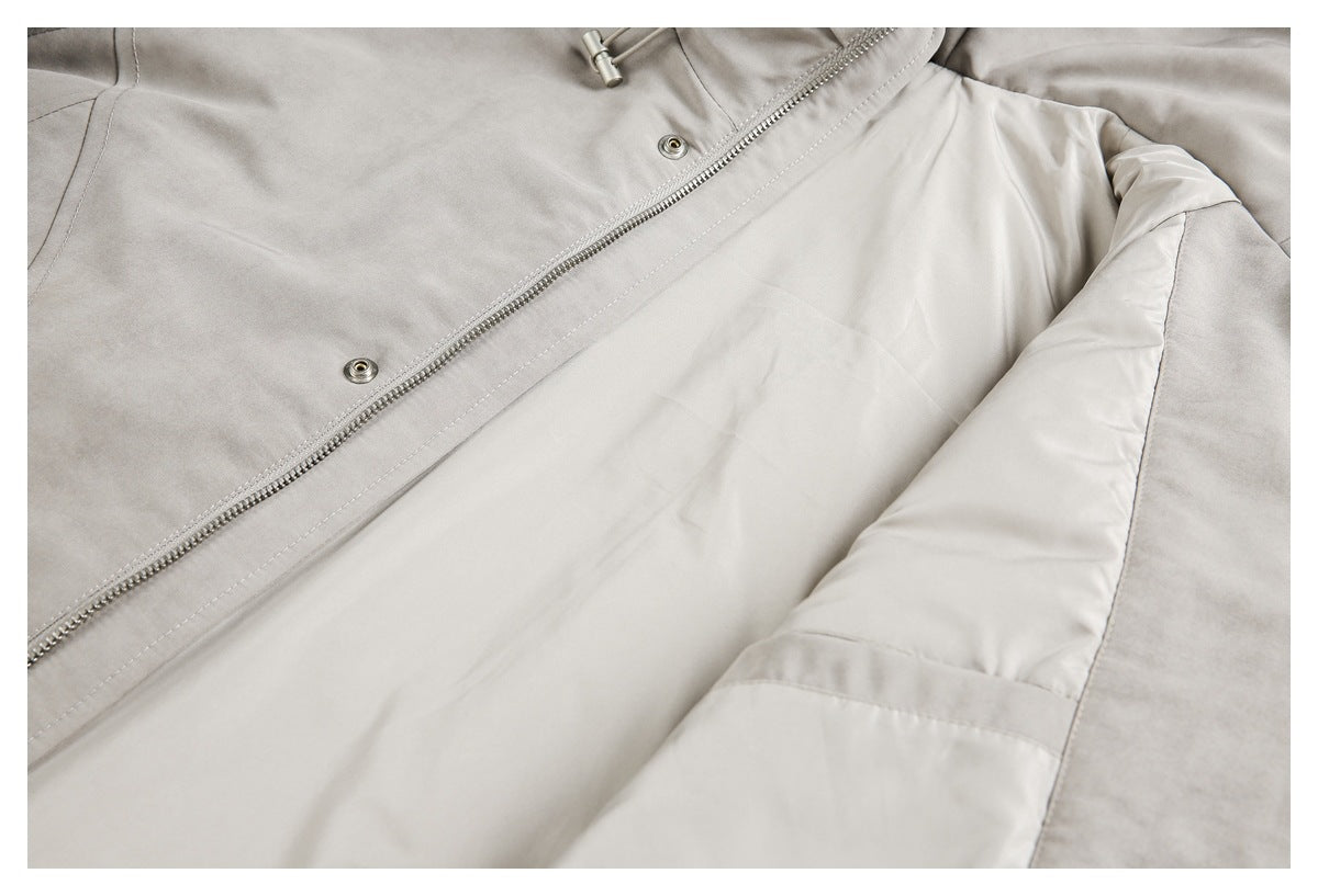 Taupe-gray jacket opened to show its light lining, zipper, and snap-fastened front placket.