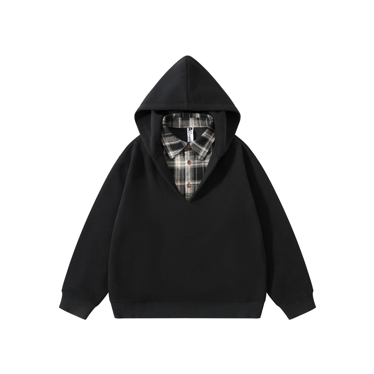 Black pullover hoodie with black, white and gray plaid shirt collar and buttons, flat lay front view