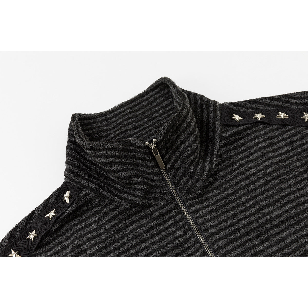 Close-up of a charcoal striped jacket collar, front zipper, and silver star studs on the shoulder trim.
