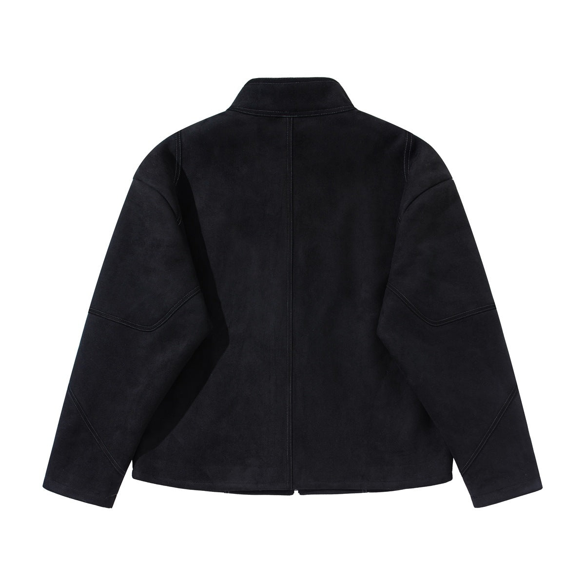 Back view of a black jacket with a stand collar, center seam and stitched sleeve panels.