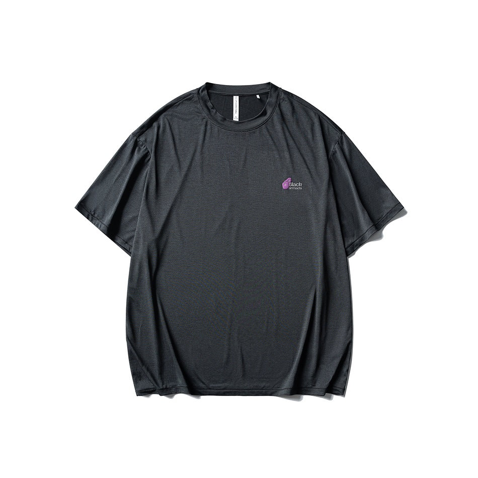 Dark charcoal short-sleeve T-shirt front view with small purple rabbit chest logo