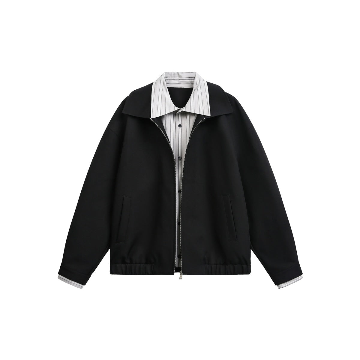 Front view of a black zip-front jacket with a striped shirt-style collar and cuffs, side pockets and an elasticated hem.