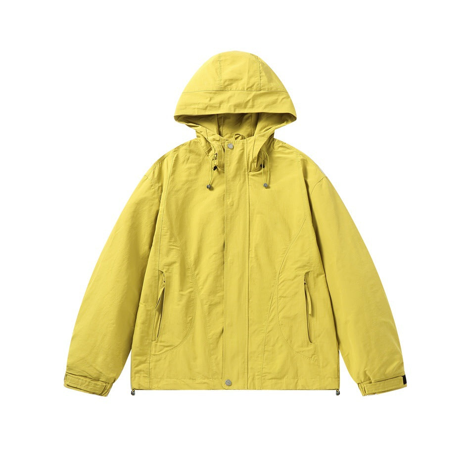 Yellow hooded zip-front jacket with drawcord hood, zippered pockets and tab cuffs, flat lay front view