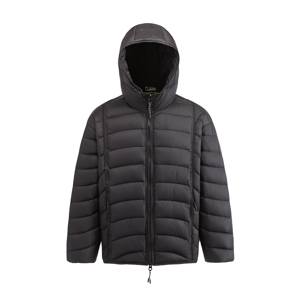 Black hooded quilted puffer jacket with full front zipper, shown flat from the front