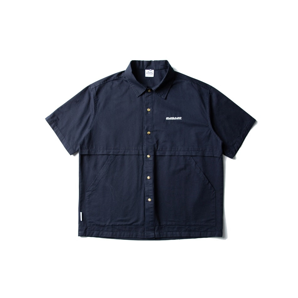 Navy blue short-sleeve button-up shirt, front flat lay, with slanted pockets and gold-tone buttons