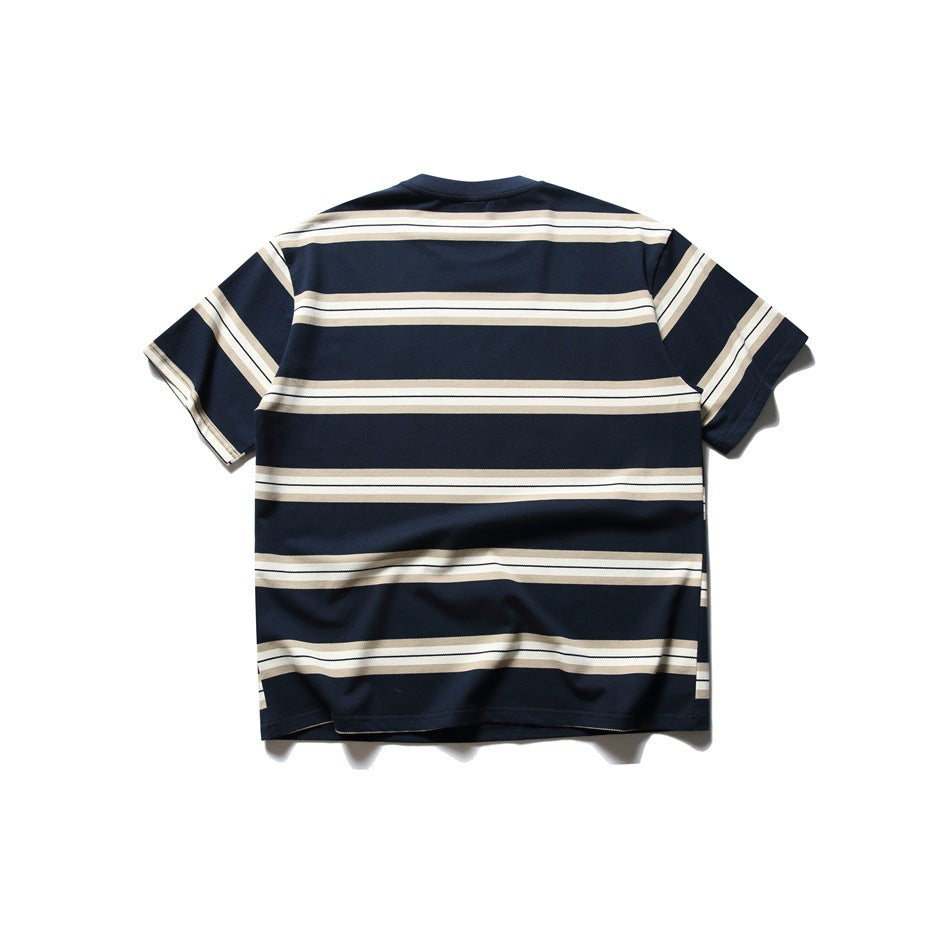 Back view of navy short-sleeve T-shirt with cream and tan horizontal stripes, flat lay