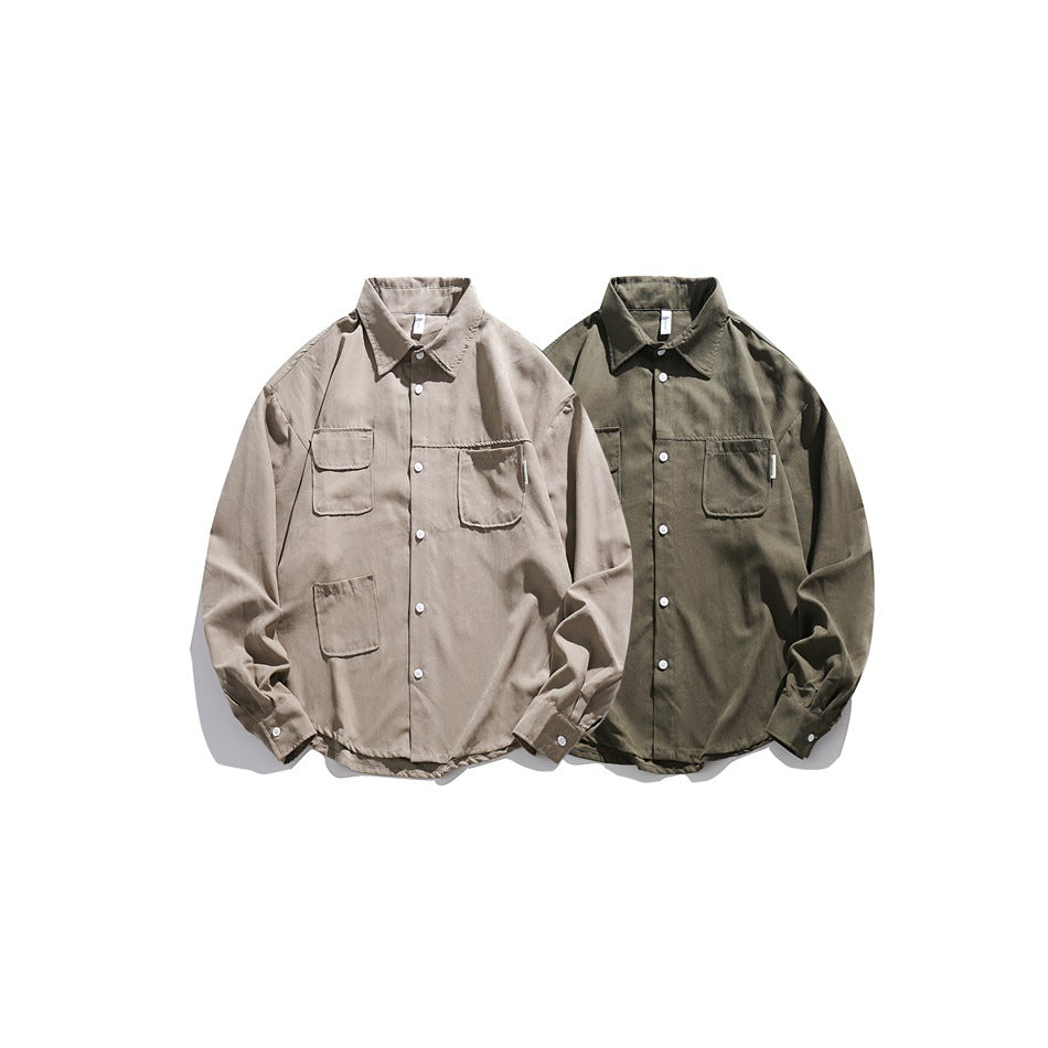Two front-facing button-up shirts, one taupe and one olive, each with a collar, long sleeves, and chest pockets.