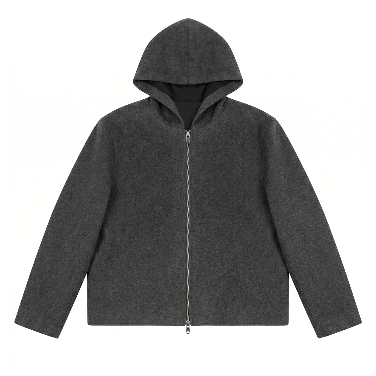 Dark gray hooded zip-up jacket with textured felt-like surface laid flat, front view with silver double zipper