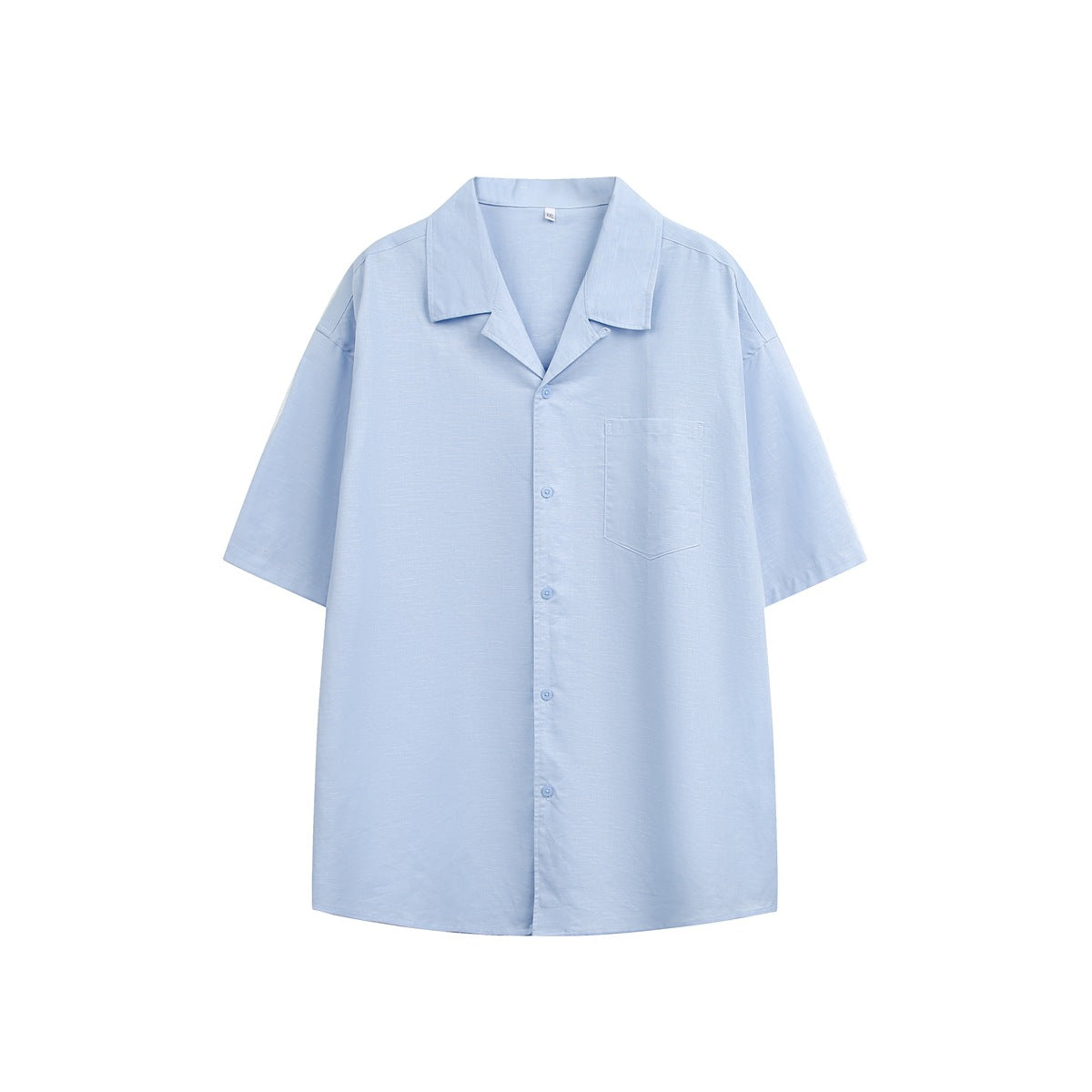 Light blue short-sleeve camp collar shirt, flat front view with chest pocket and buttons