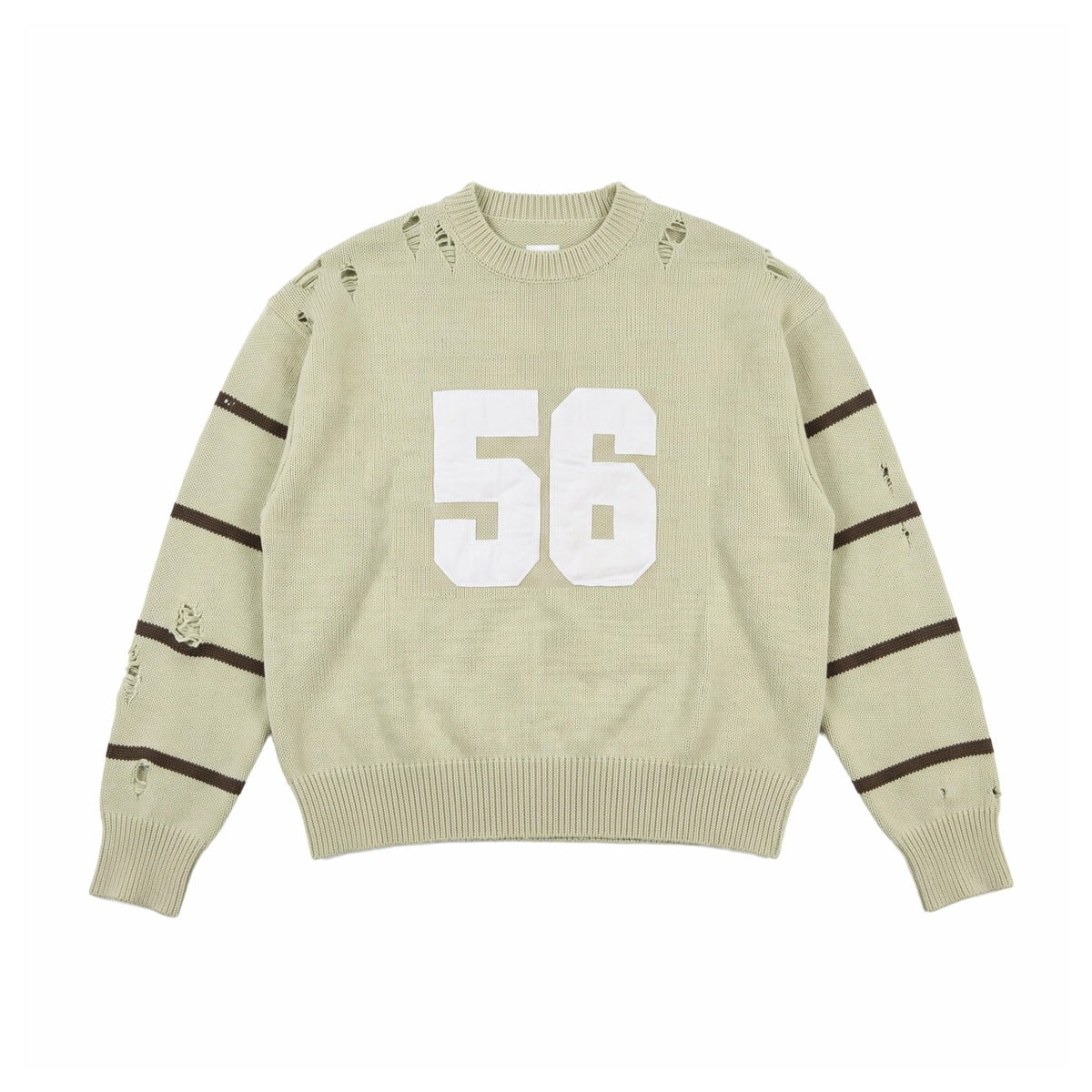 Grey-green knit crew-neck sweater with white 56 appliqué, brown sleeve stripes and distressed holes, flat front view