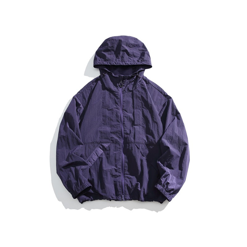 Purple hooded zip-up jacket with crinkled textured fabric, flat lay front view
