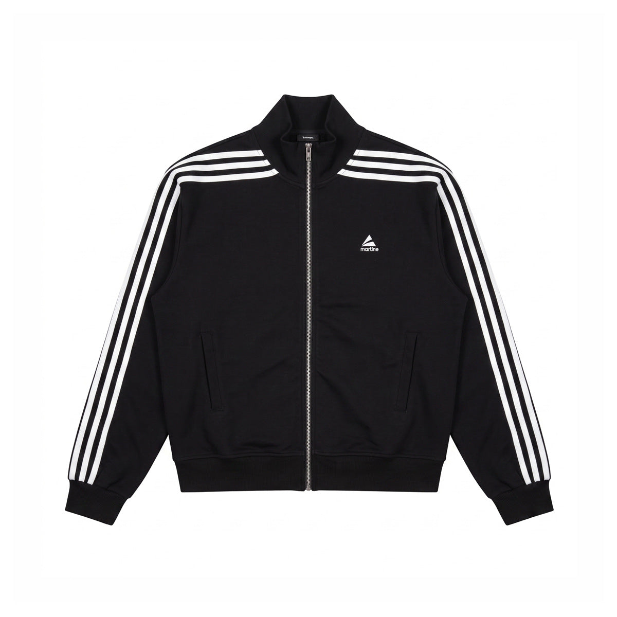 Black zip-up track jacket with stand collar, white three-stripe sleeves, ribbed cuffs and hem, laid flat, front view