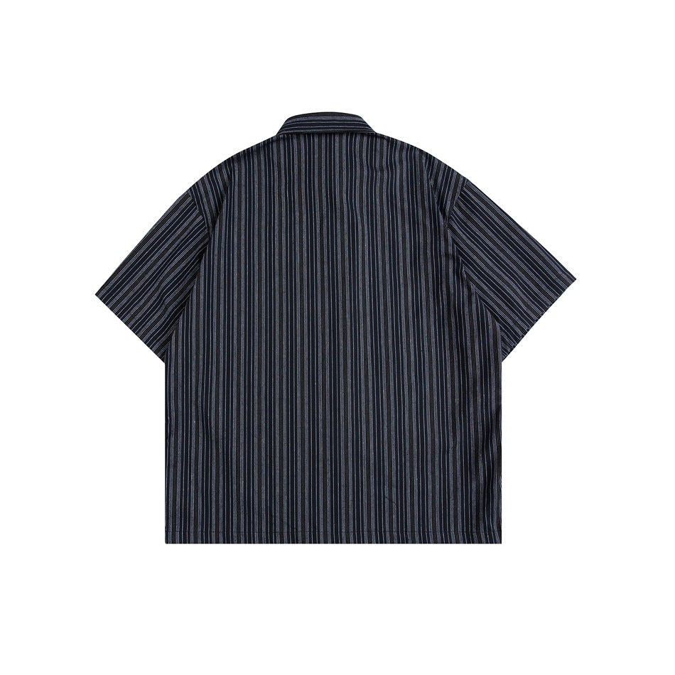 Back view of a dark navy striped short-sleeve button-up shirt with collar and plain back
