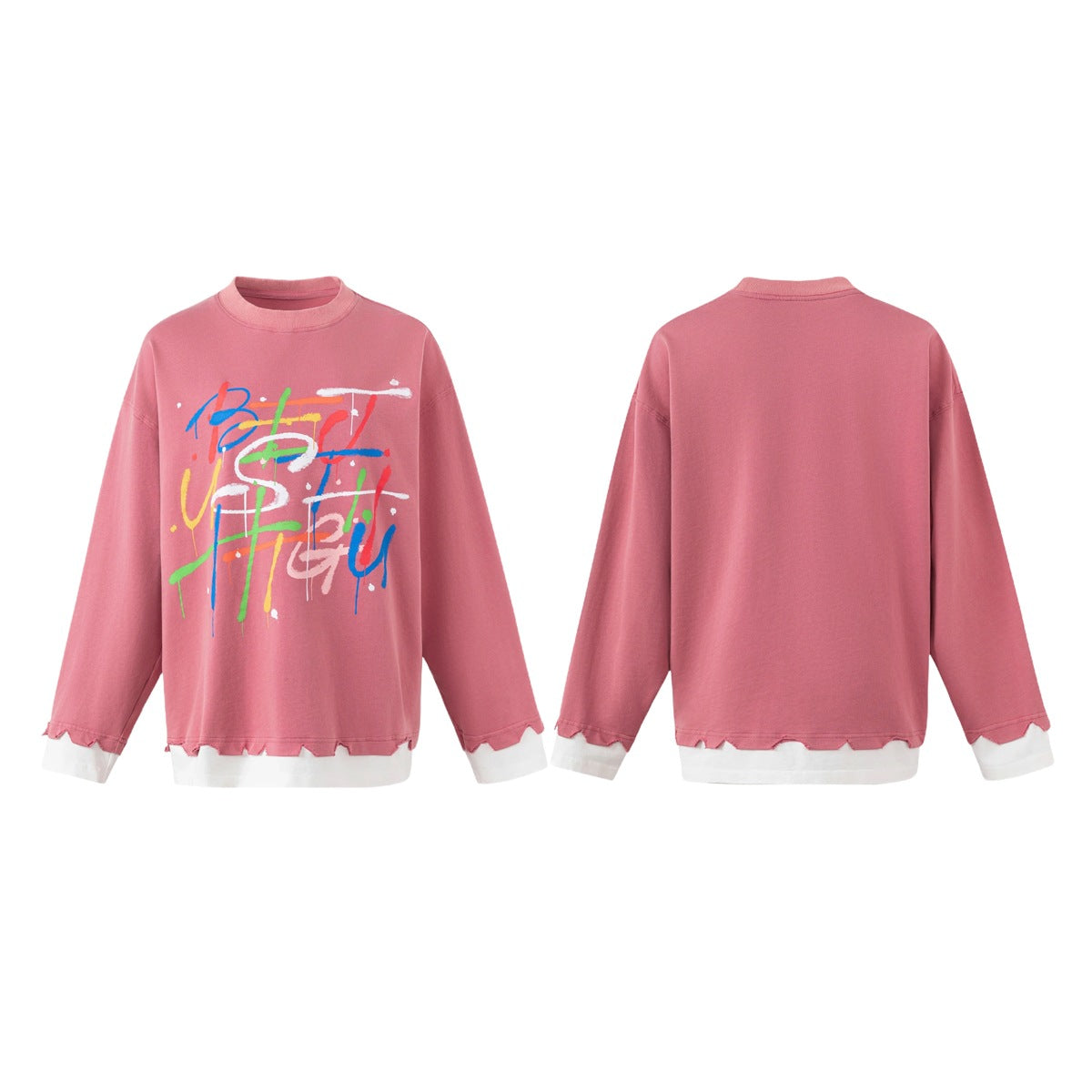 Dusty rose sweatshirt shown from the front and back, with colorful abstract front print and layered white hem and cuffs.