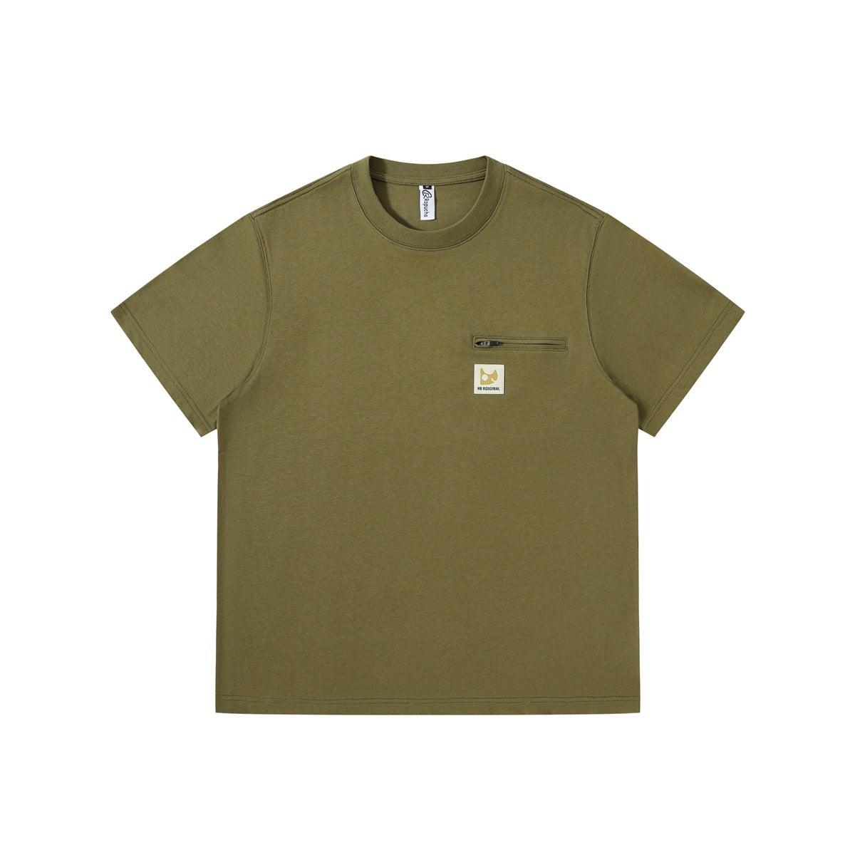 Olive green short-sleeve crew neck T-shirt with zip chest pocket and small square label, flat front view