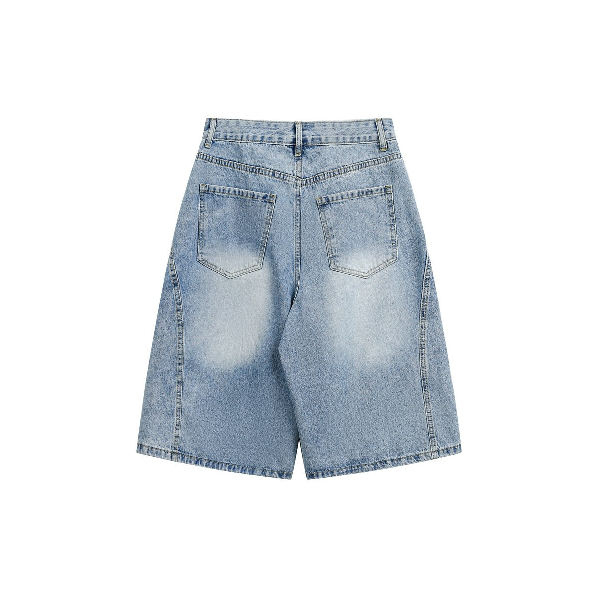 Back view of light-wash blue denim shorts with two pockets and faded areas.