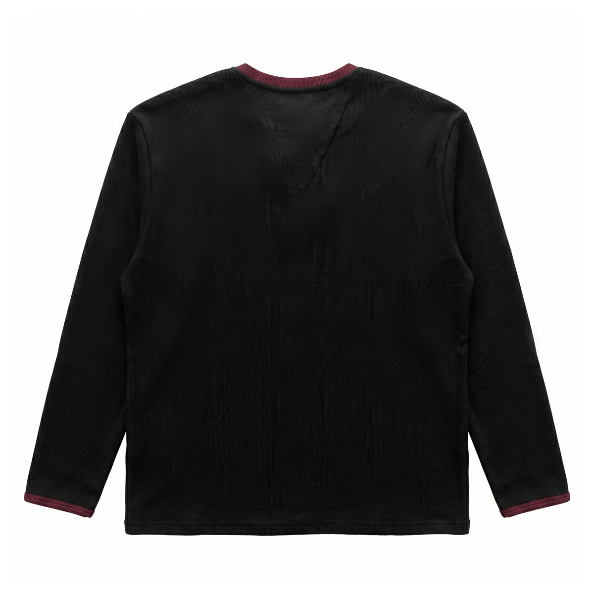 Back view of a black long-sleeve top with dark red trim at the crew neck and cuffs.
