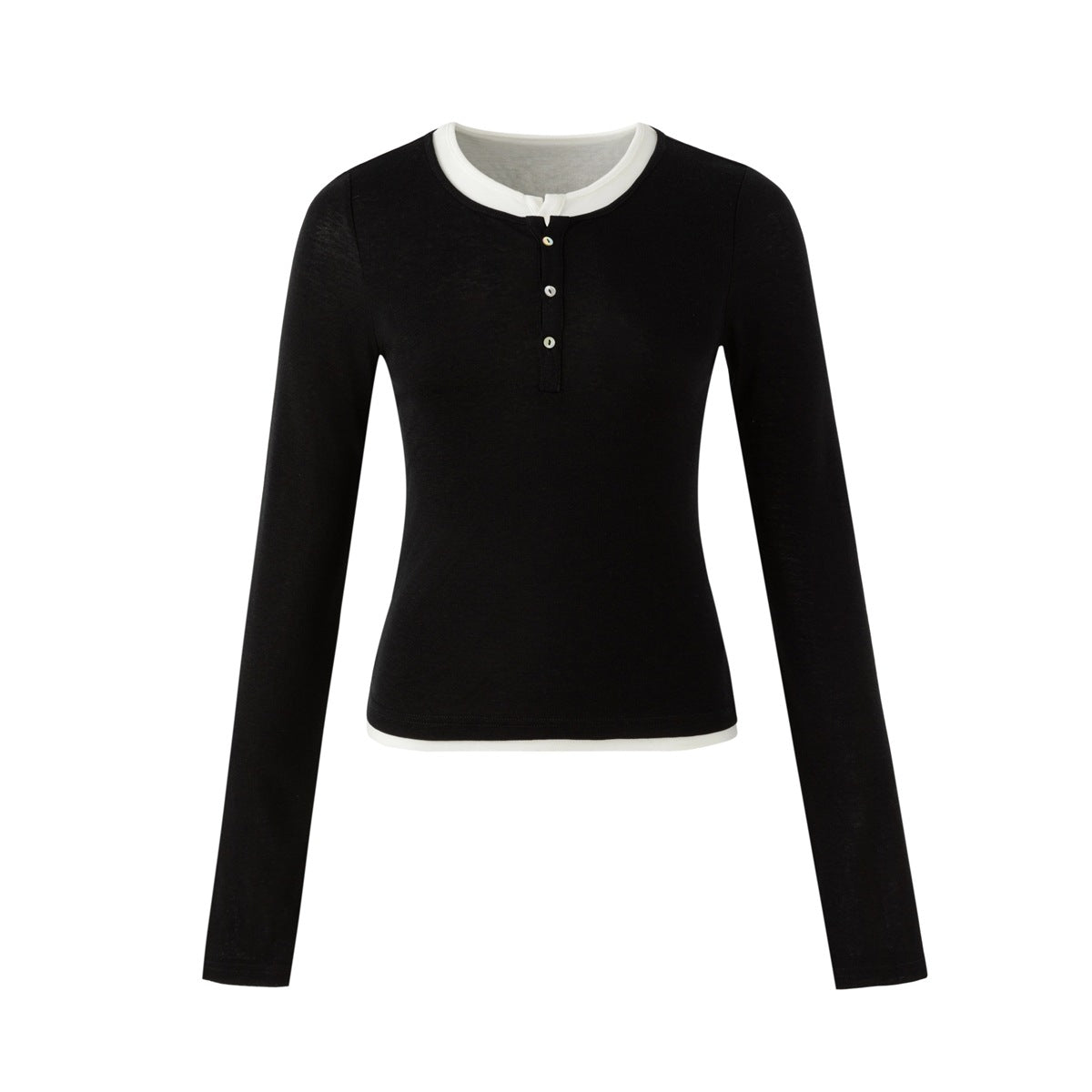 Black long-sleeve henley top with white contrast trim at neckline and hem, flat front view