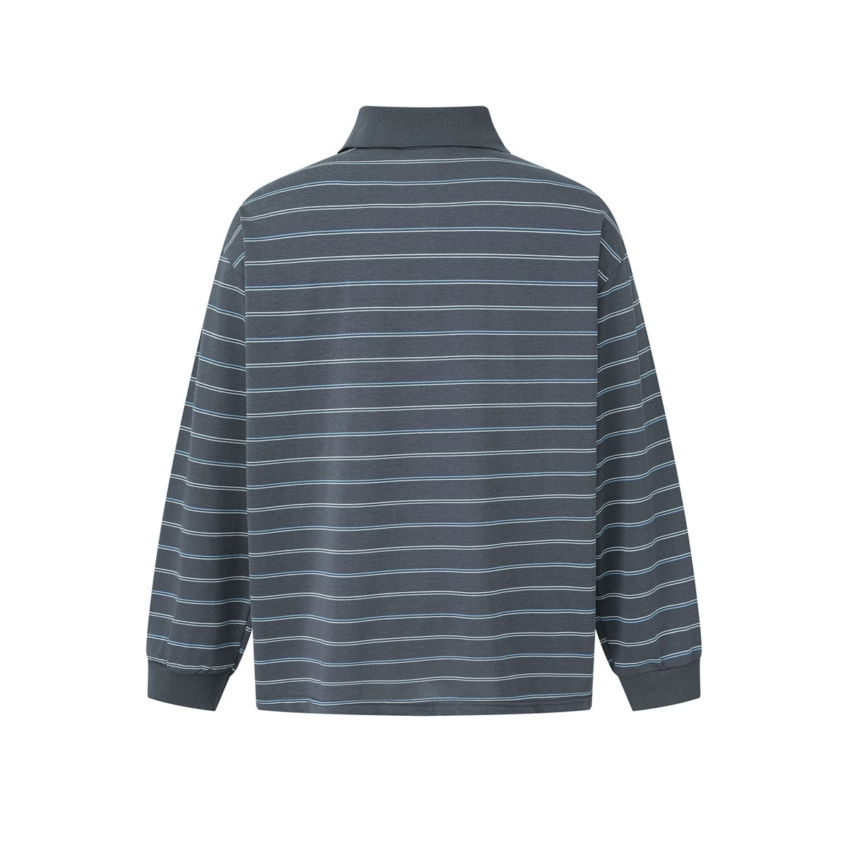 Back view of gray long-sleeve polo shirt with thin white and blue horizontal stripes and ribbed cuffs