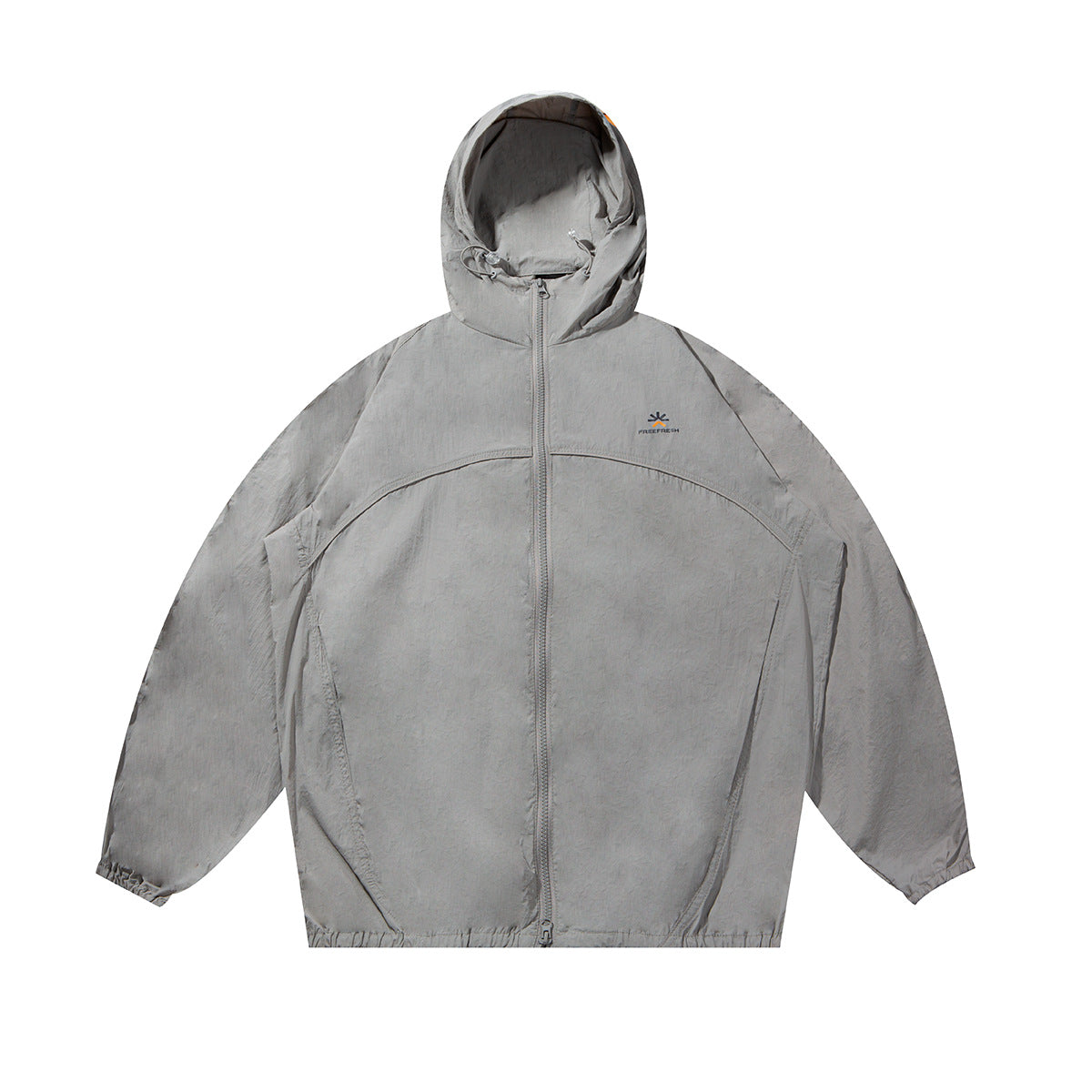 Gray hooded full-zip jacket with curved seam panels, drawcord hood and elastic cuffs, flat front view
