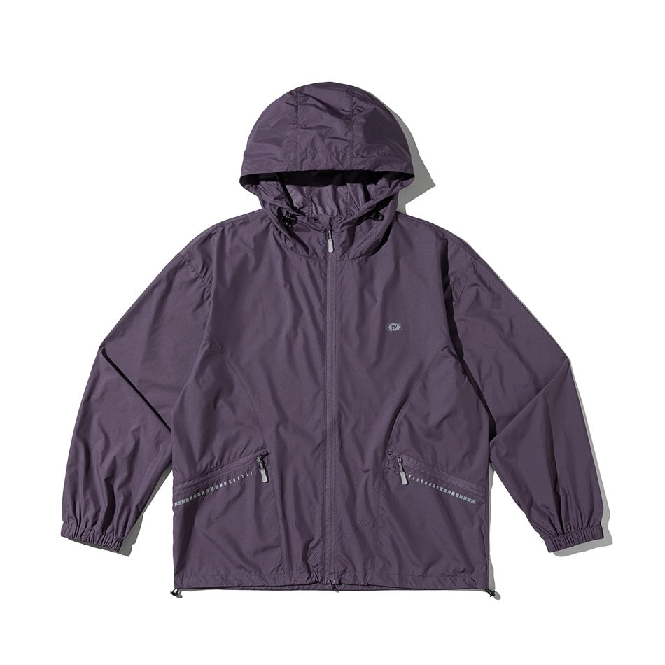 Purple hooded full-zip jacket, front flat lay, with diagonal zip pockets and small oval chest logo