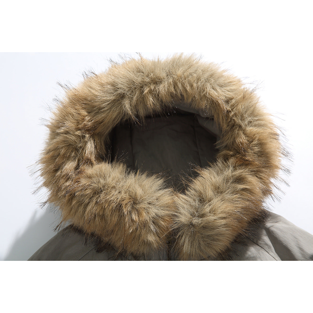 Close-up of a tan faux-fur-trimmed hood on a gray jacket.