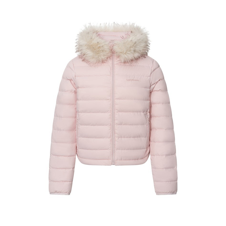 Light pink quilted hooded puffer jacket with fur-like hood trim and front zip, flat front view