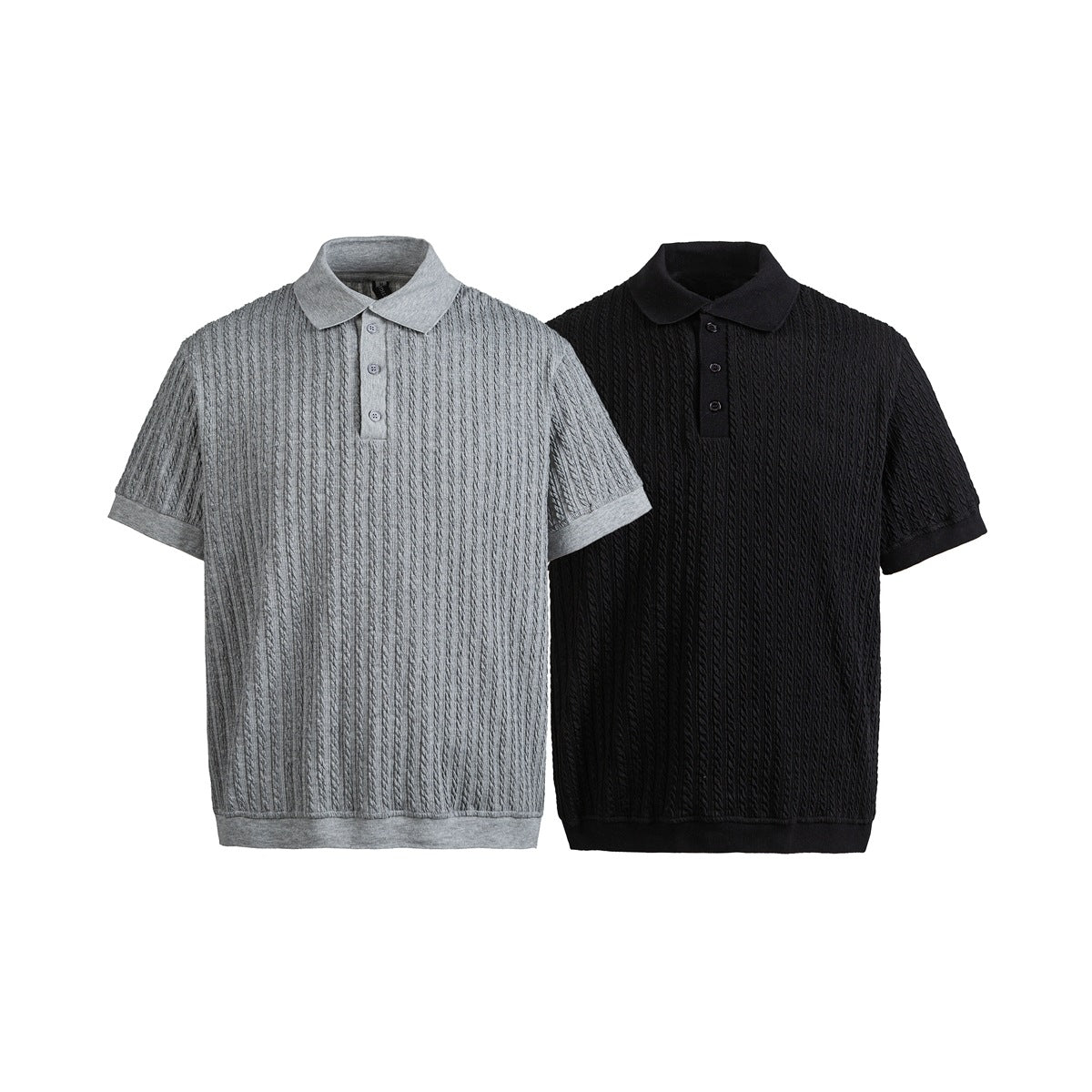Gray and black short-sleeve cable-textured polo shirts with collars, button plackets, and ribbed trim.