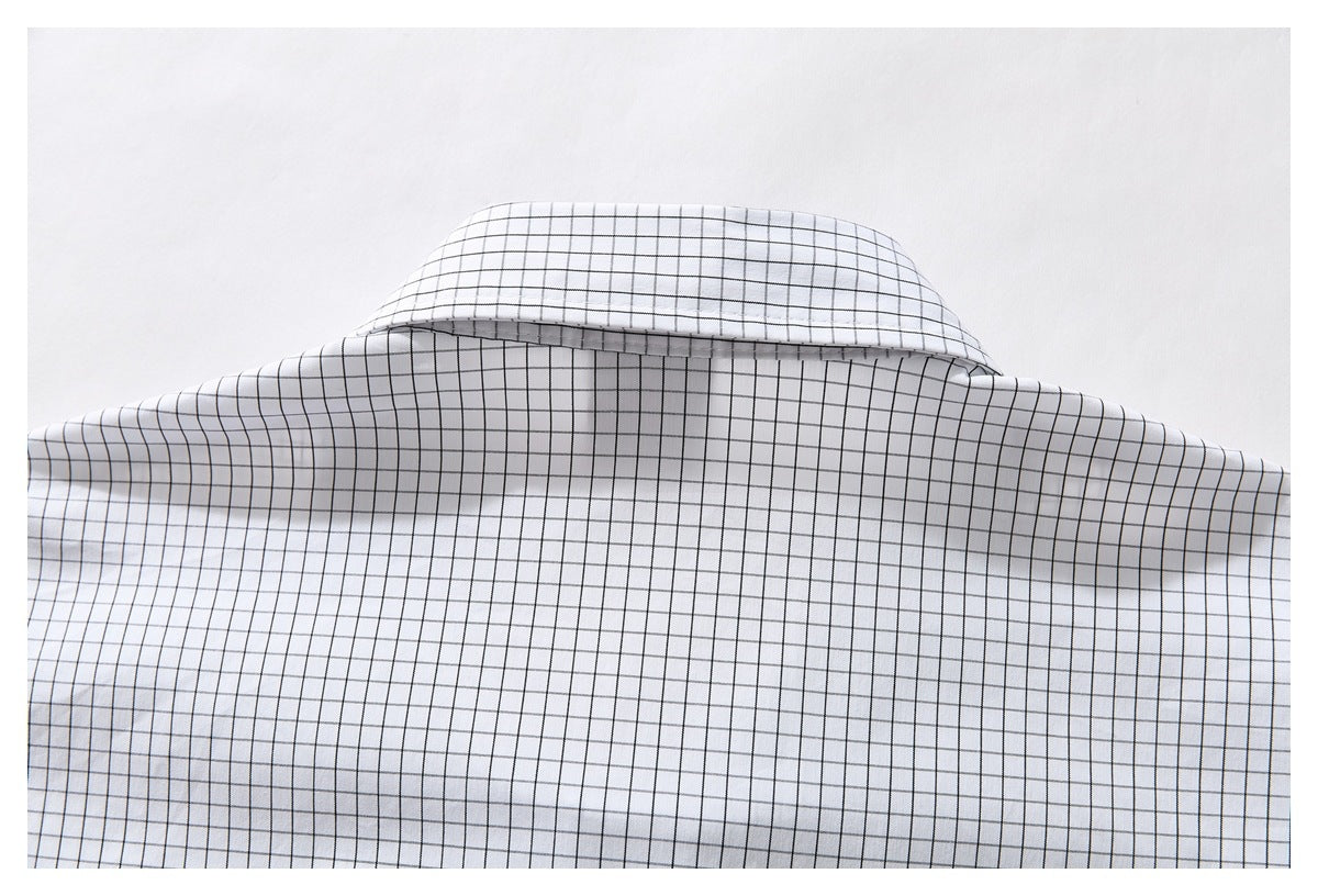 Close-up of a white shirt with a fine black grid pattern, showing the back collar and upper yoke.