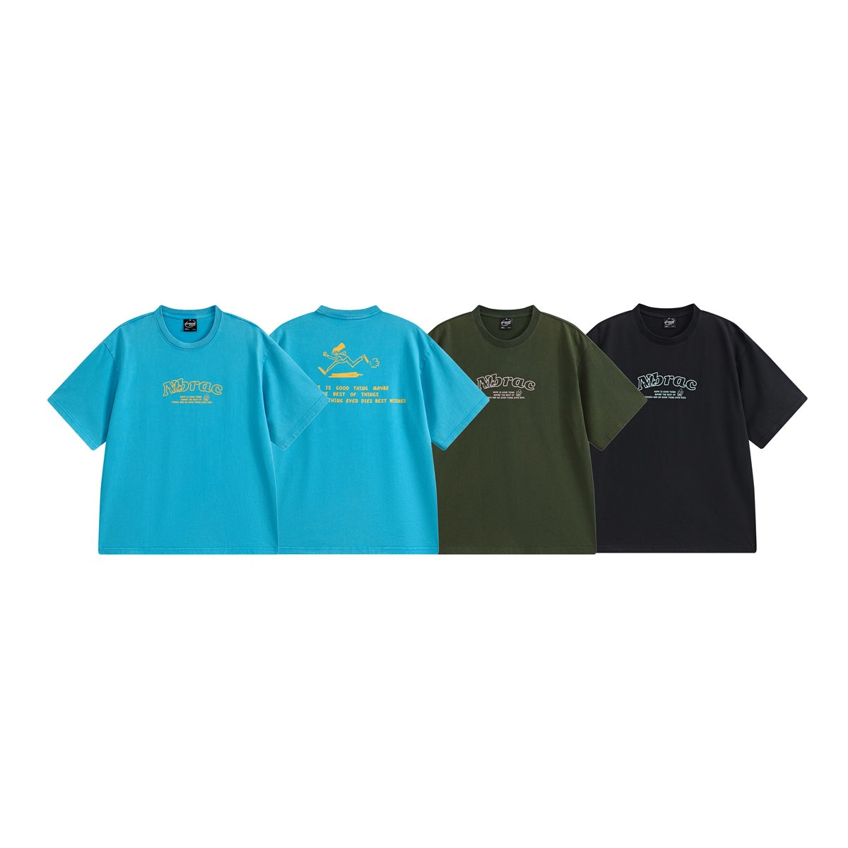 Four graphic T-shirts: turquoise front and back views, plus olive and black front views.