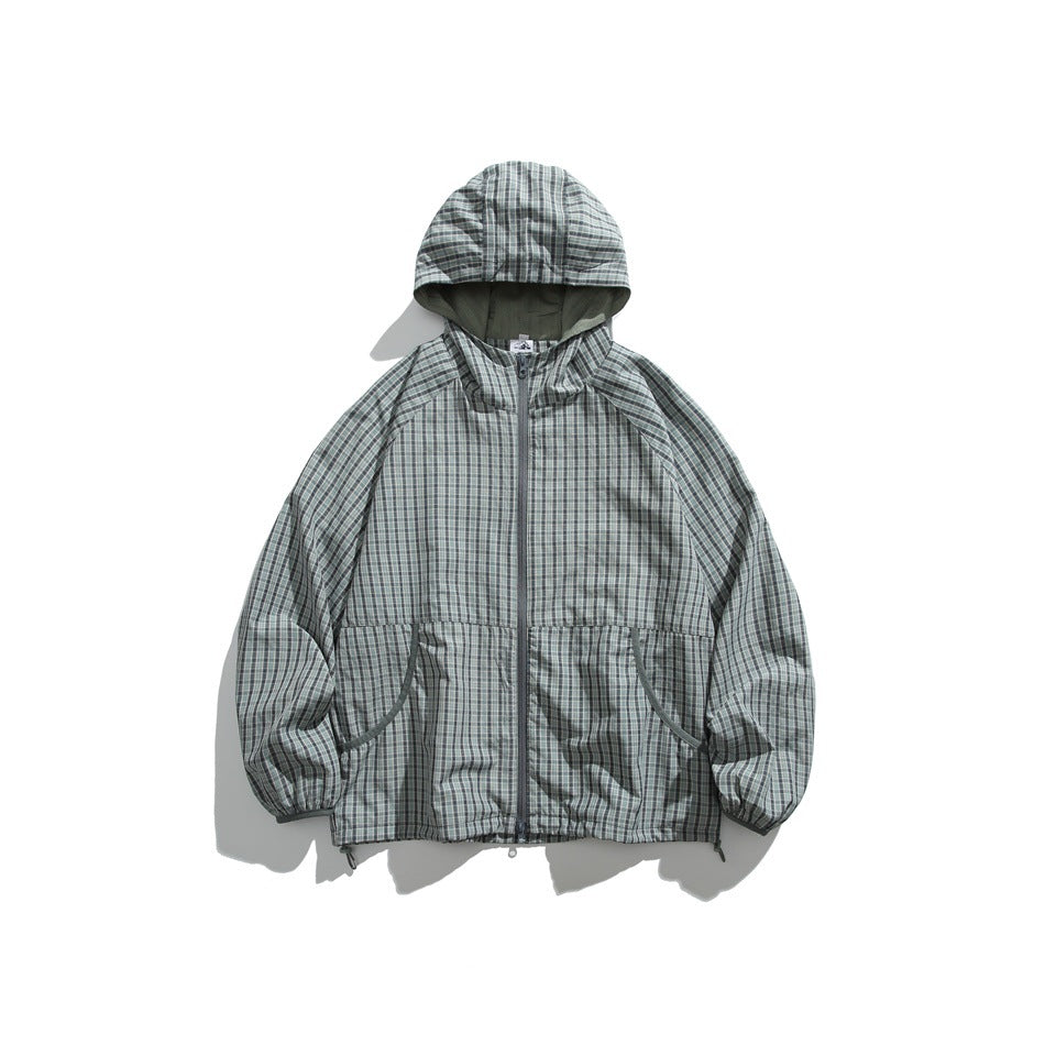 Front view of a gray-green plaid hooded jacket with a full-length zipper and two curved pockets.