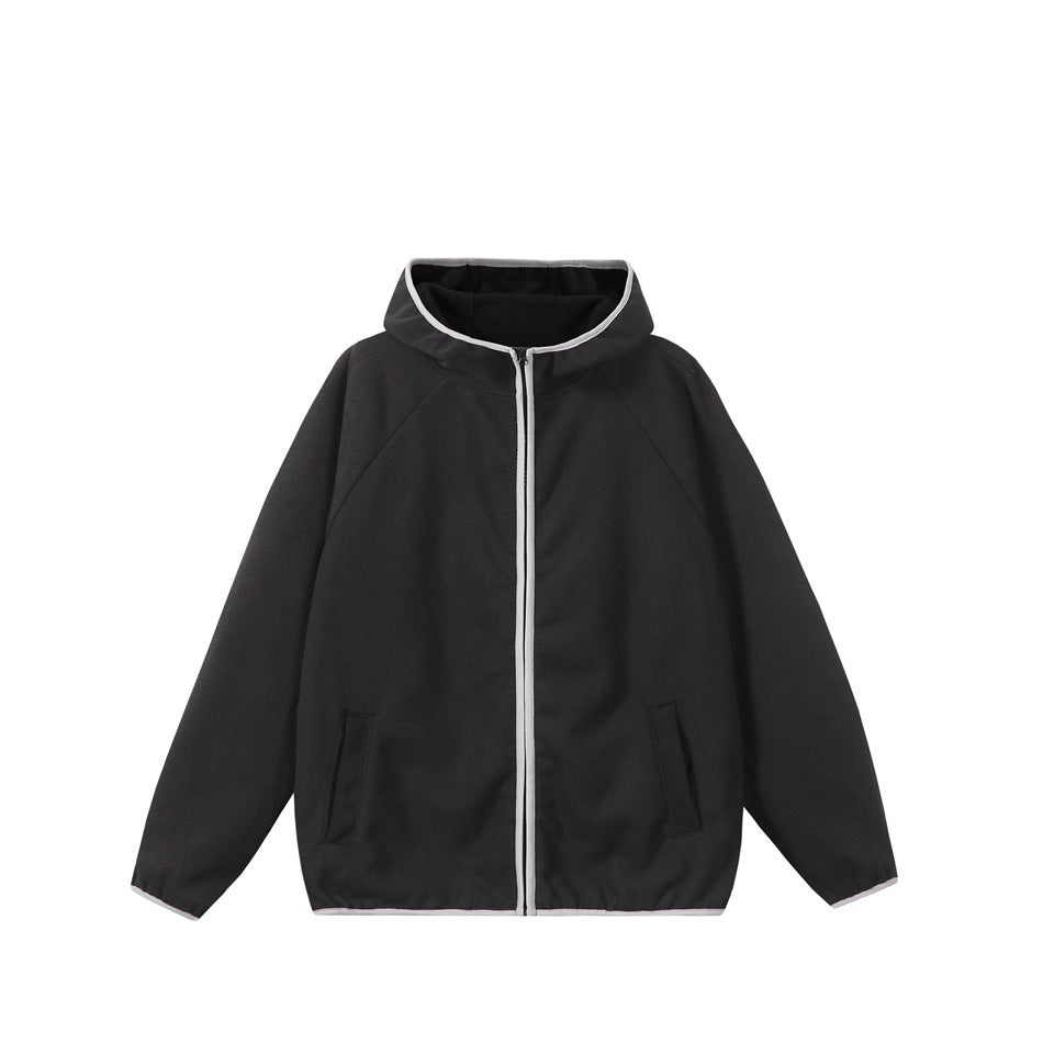 Black zip-up hooded jacket with gray piping on hood, zipper, cuffs and hem, front view with slip pockets