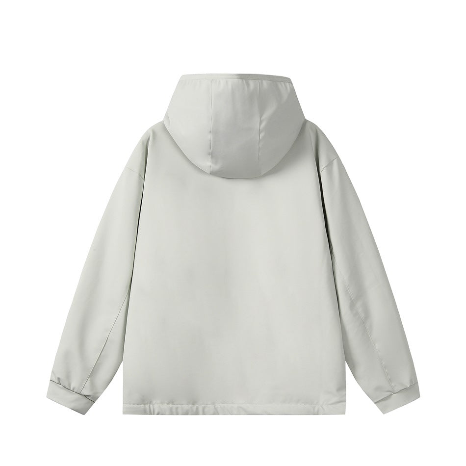 Beige hooded jacket, back view, showing the hood, dropped shoulders and sleeve seams