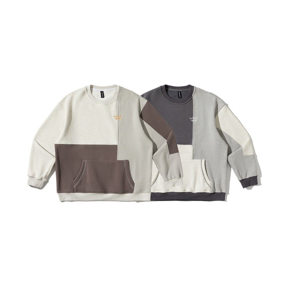 Two colorways of a color-block crewneck sweatshirt with large front pockets, shown side by side.